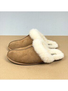UGG Scuffette II Chestnut Slippers Womens 10.5 Tan Suede Sheepskin Lined Slip On